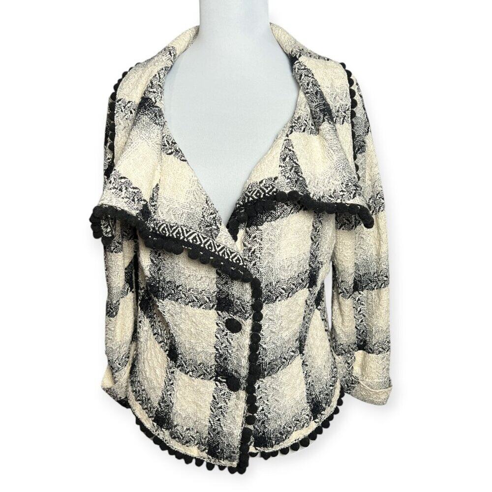 Mason Marciano PomPom Fringe Knit Jacket Womens M Black Cream Italy Cardigan